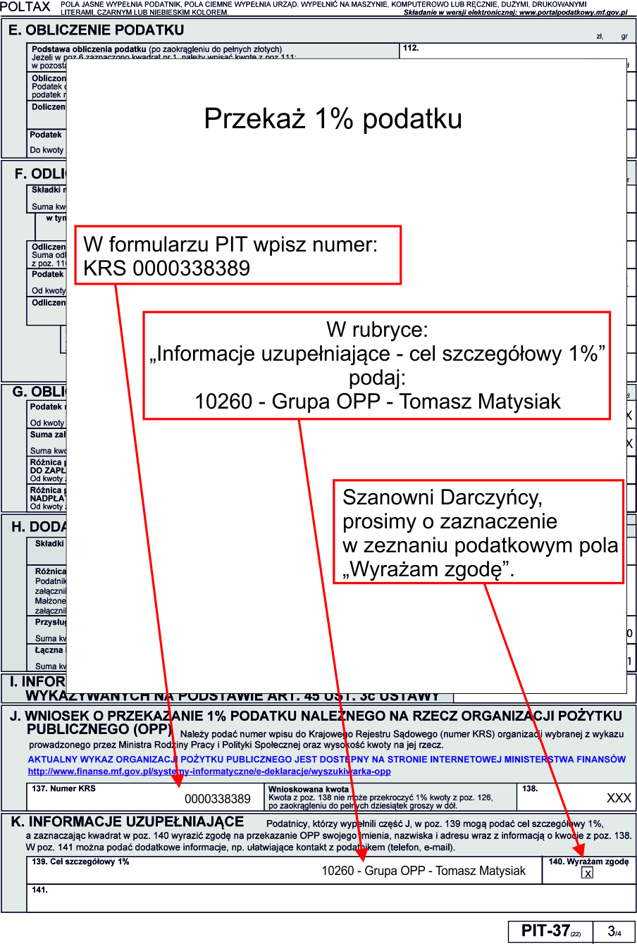 Przykład wypełnienia deklaracji podatkowej - 1% podatku dla Tomka